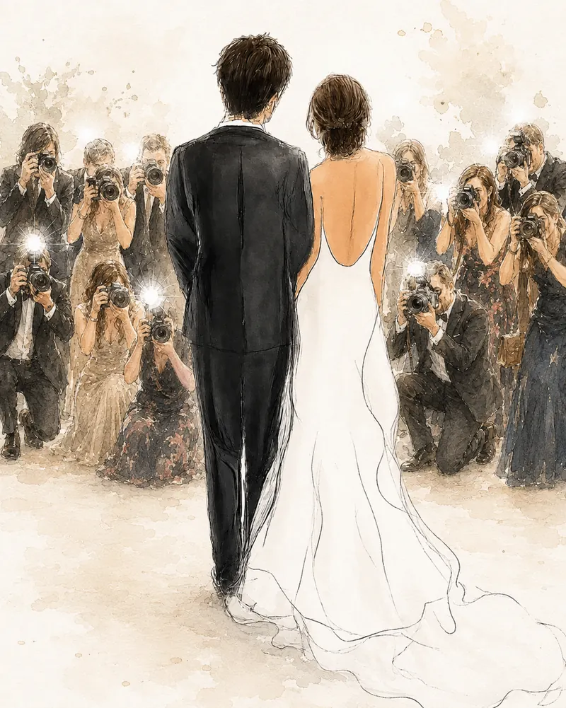 Ilustración de Yvette y José de espaldas, vestidos de boda, rodeados por los invitados que les hacen fotos.